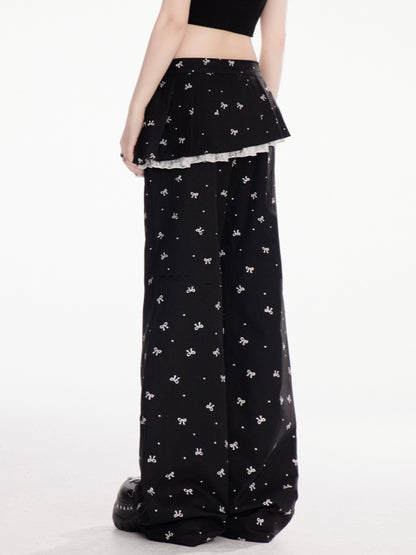リボンプリントフレアパンツ ブラック ゴムウエスト オールオーバー