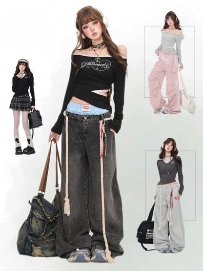 Weit geschnittene Jeans mit gestreiftem, kariertem Bund