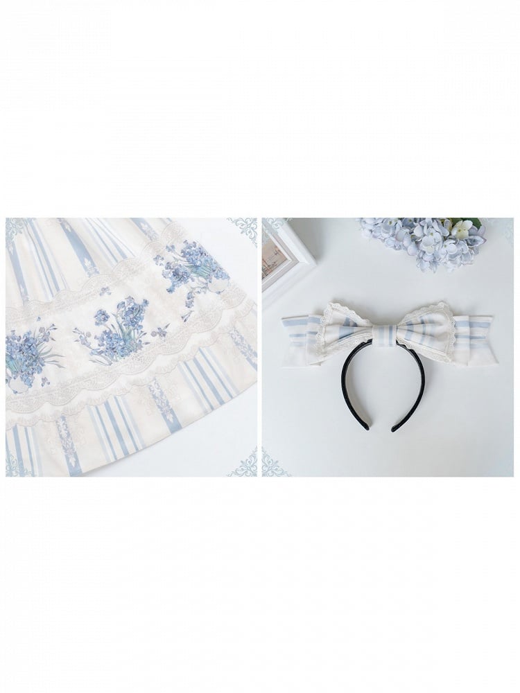 Blue & White Striped Floral Embroidered JSK Set with Knit Top, Belt & KC - With PUJI