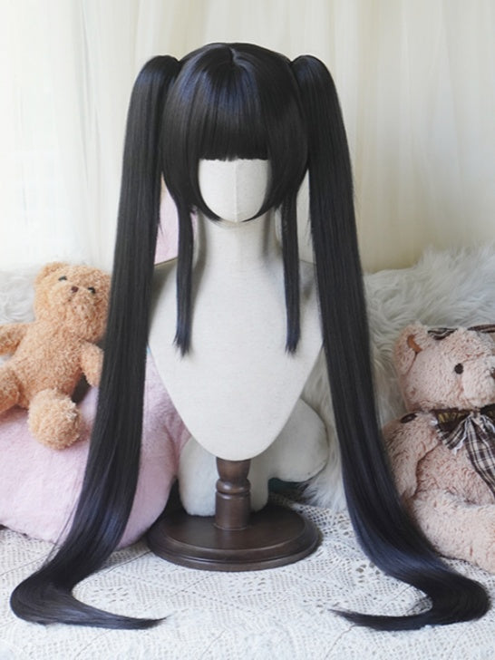 Black Bob Cut Short Wig With Bangs＋Double Straight Ponytail Claw Clips