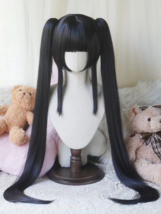 Black Bob Cut Short Wig With Bangs＋Double Straight Ponytail Claw Clips