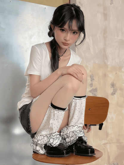 Layered Polka-dot Cuff White Ruffle Pattern Leg Warmers