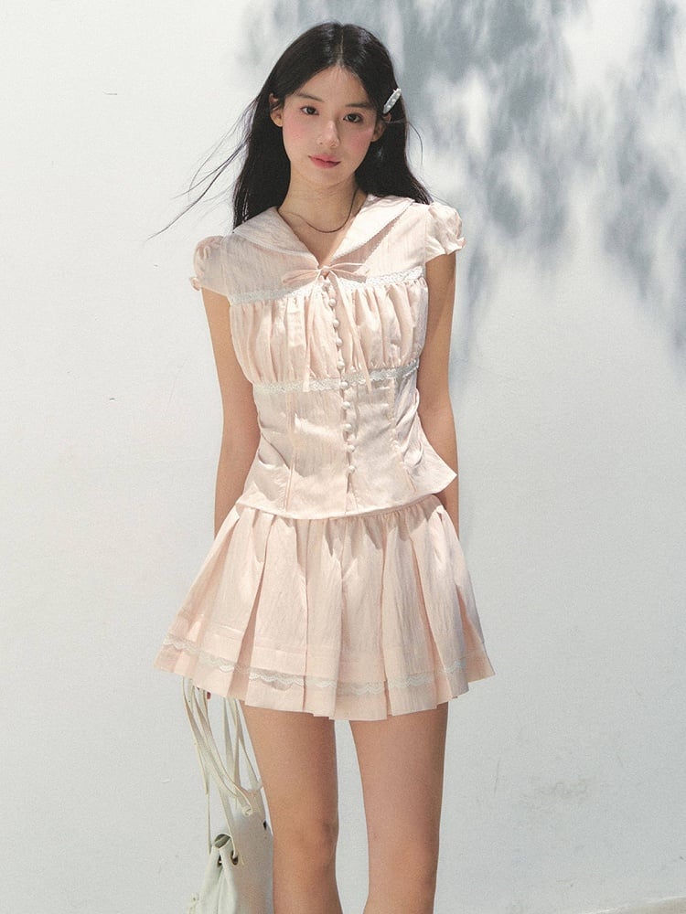 Ruffled Lace and Skirt Details with Pleats Pink