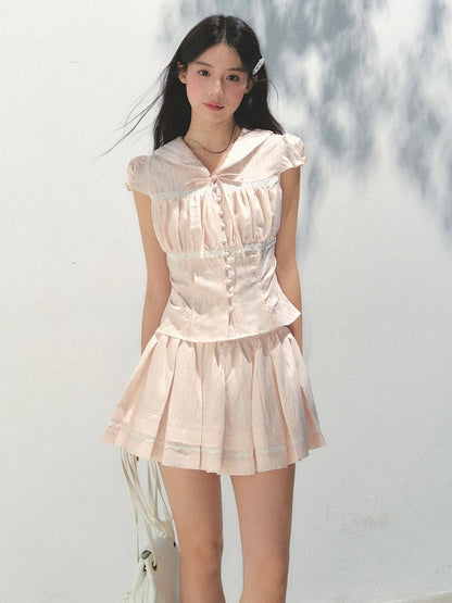 Ruffled Lace and Skirt Details with Pleats Pink