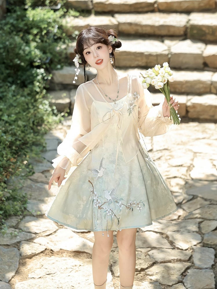 Sheer Top Set with Light Green Sleeveless Dress, Floral and Bird Embroidery, Modern Chinese Style - Han Ru Chu Hanfu &amp; Han-Element Studi