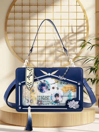 Blue Transparent Window Embroidery Ita Bag with Beaded Tassel - thejunco