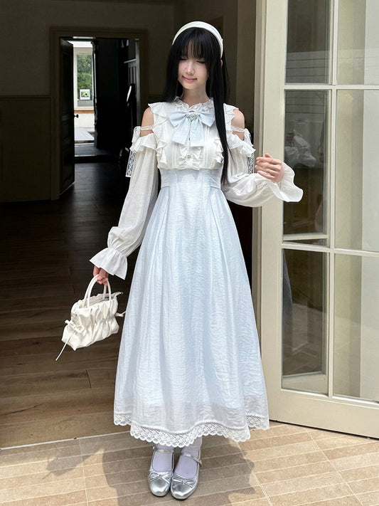 Blue-White Cutout Shoulder Bow Ruffle Long Sleeve Seiso Dress - LA LA JK