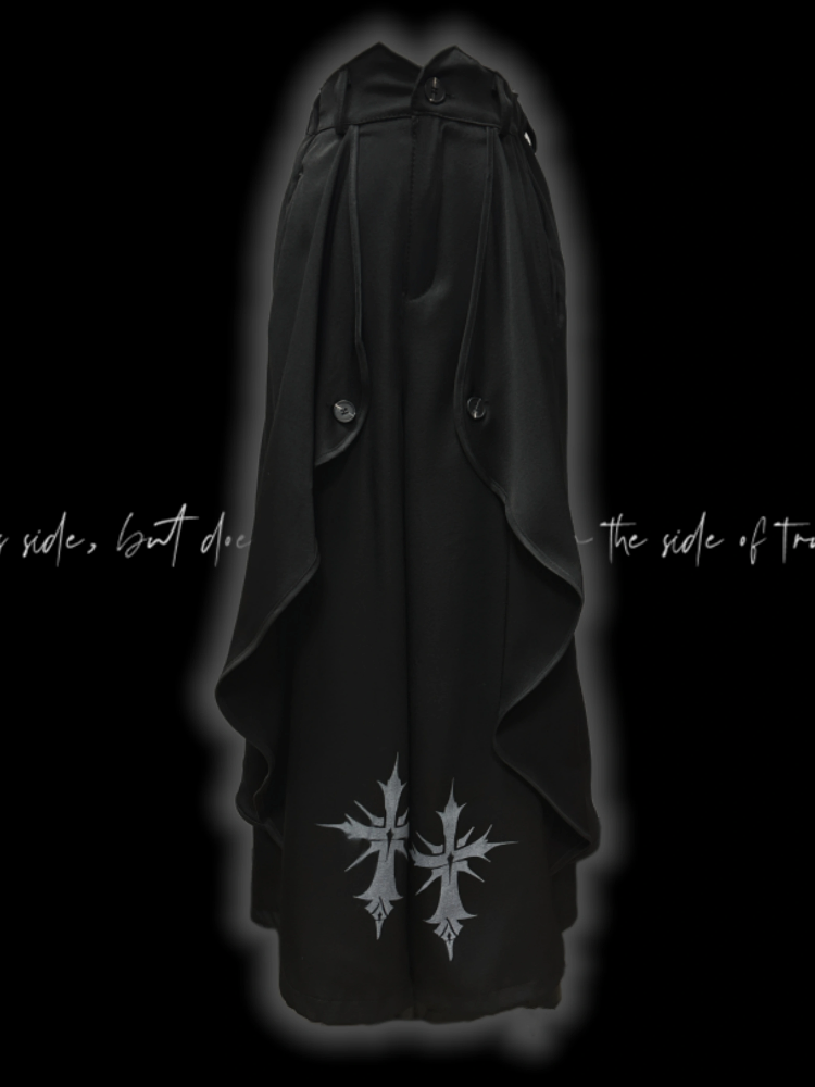 Saum Schwarze Hose mit weitem Bein und Kreuzdruck