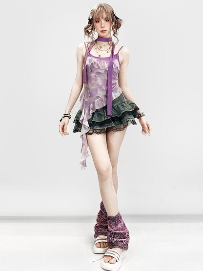 Lila Saum Asymmetrische Rüschen Top Design Dye + Tie Cami Schal Y2K Trim