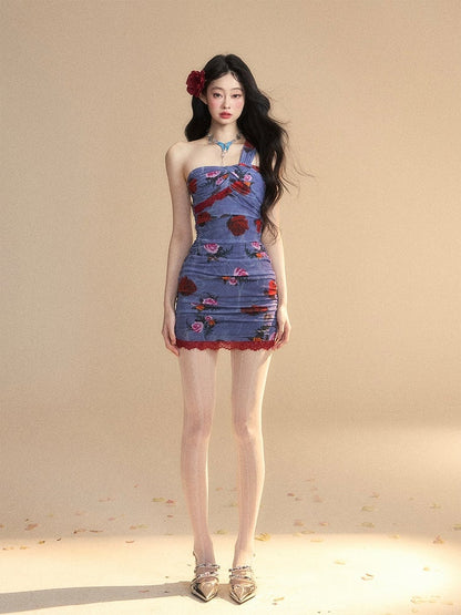 Monets geheimer Garten Mini-Blumenkleid ohne Ärmel Muster Glamorous Blue