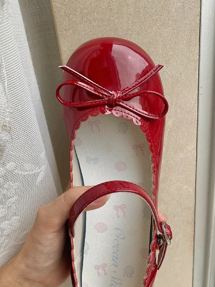 Red Fastener PU Design with Lolita Heels Sweet Wine Snap 5cm Mid Scalloped