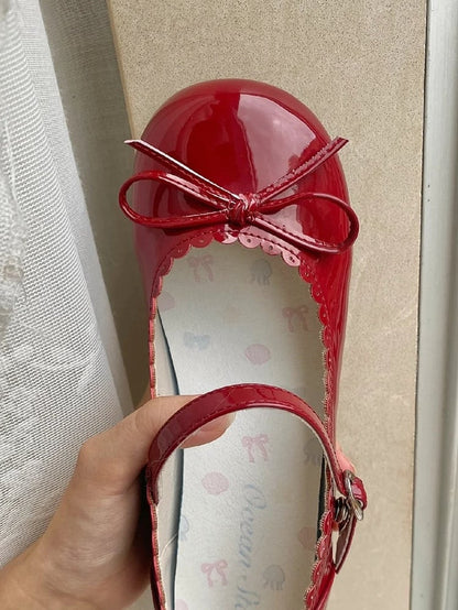 Red Fastener PU Design with Lolita Heels Sweet Wine Snap 5cm Mid Scalloped