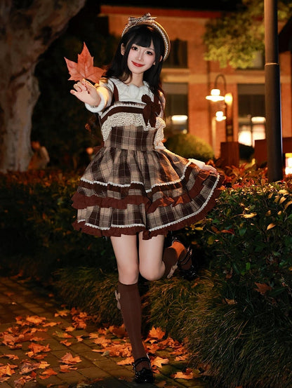 Pattern Autumnand Plaid Lolita Skirt Waist High Dress Brown Winter Jumper