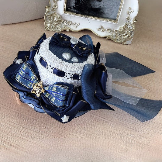 Decorated Idol Bowknot Mini Details Lace Lolita Trim Beaded Blue White Hat