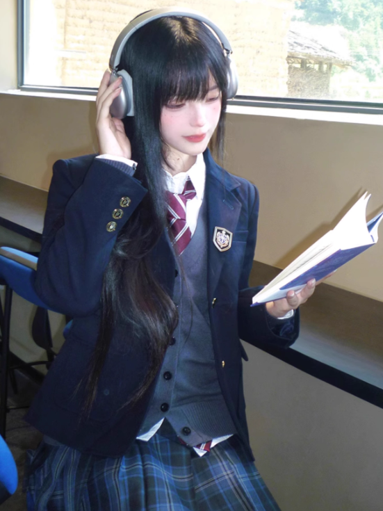 Blazer Button Preppy JK Manschetten verziert blau Stil Abzeichen Uniform dunkles Design