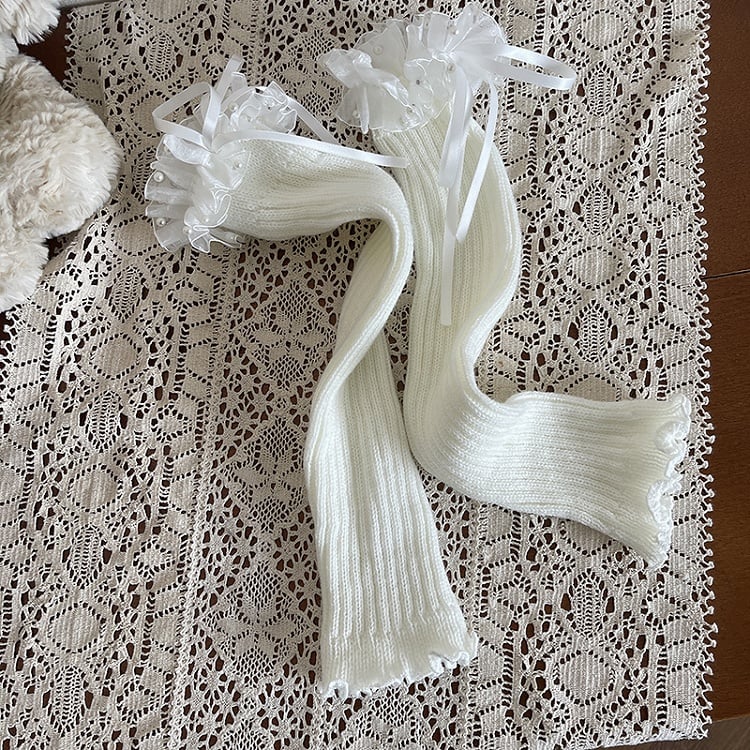 Leg Pearl-Adorned Knit Lace Bows White Ribbon Warmers with Ruffled