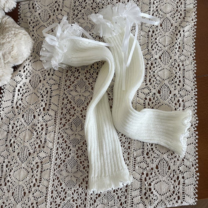 Leg Pearl-Adorned Knit Lace Bows White Ribbon Warmers with Ruffled