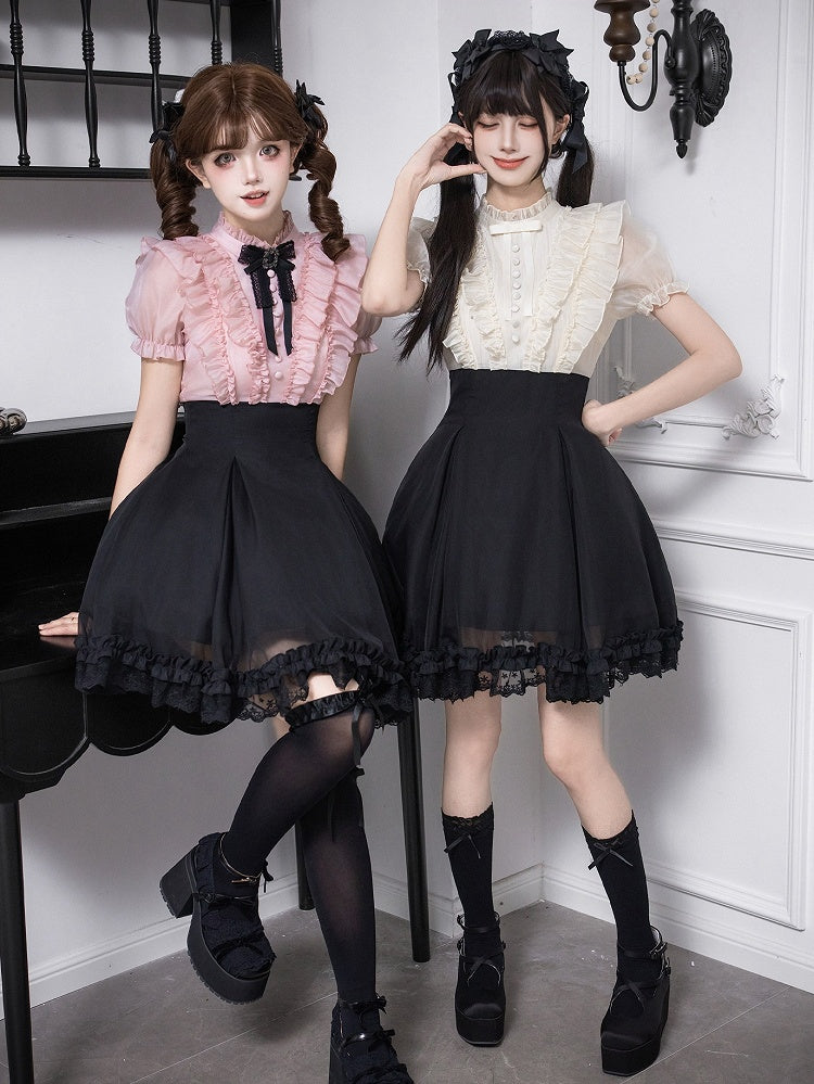 Beige Ruffled Blouse & Black Short Skirt Fake Two Pieces Lolita Dress - With PUJI