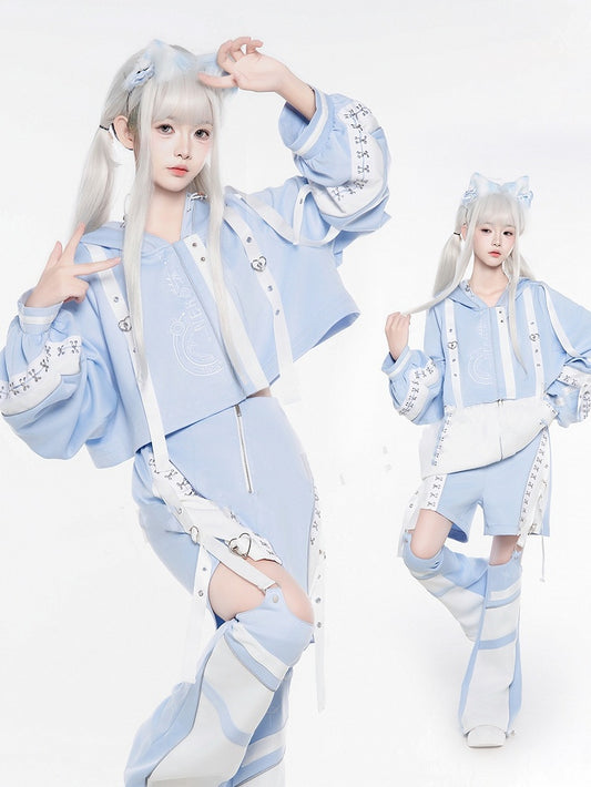 Details Heart with Straps Light Metallic Blue: Buckle Shorts Cyberpunk Kaiwai Tenshi Style in