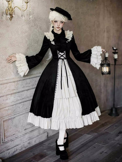 Eyelet Lolita Neckline Trims Ruffle Velvet Scalloped Black Beige Winter Dress with