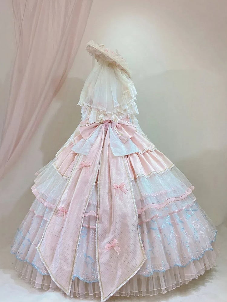 Hanayome Pink Corset Waist Hime Lolita Floor Length Dress Long Version with Floral Embroidery Layered Hem | Lukemi