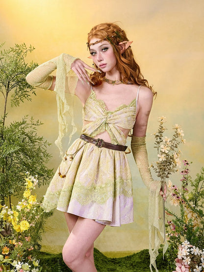 Fairycore Green Purple Butterfly Lace Sleeveless Dress Brown Belt - Virtual Orbit