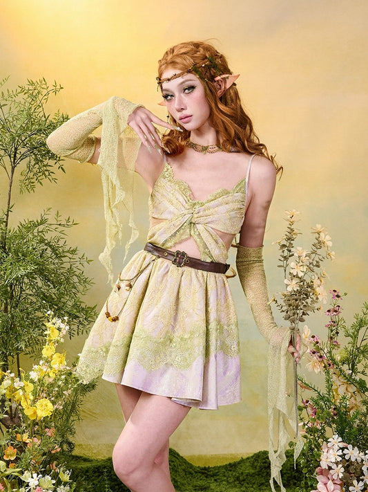 Fairycore Green Purple Butterfly Lace Sleeveless Dress Brown Belt - Virtual Orbit