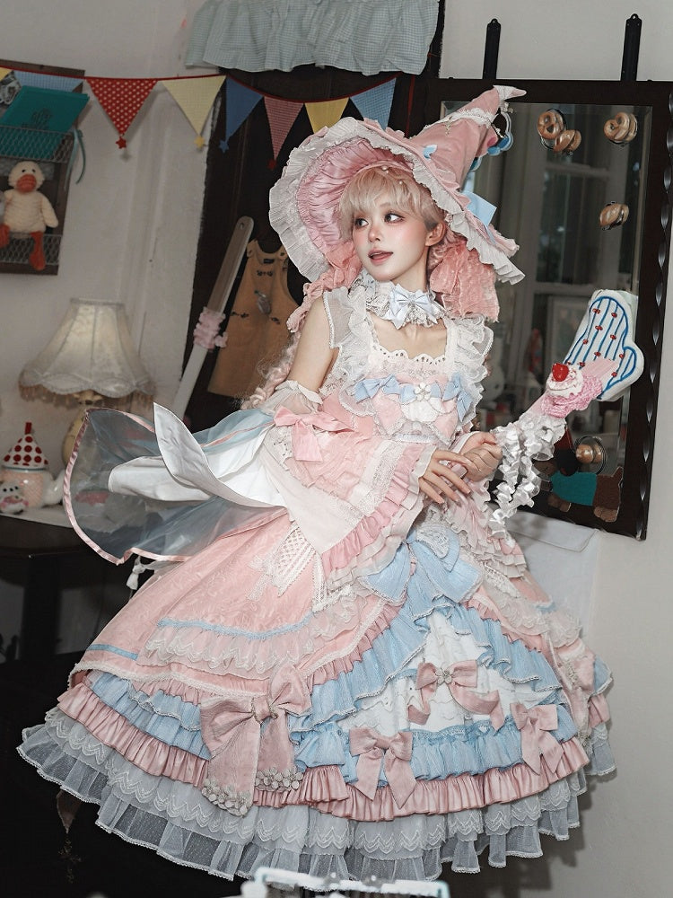 Witch-Themed Lolita JSK Full Ensemble in Pink and Blue with Bow Train, Cape, Detachable Sleeves, Hat and Outer Sleeves - Felinae Cookie