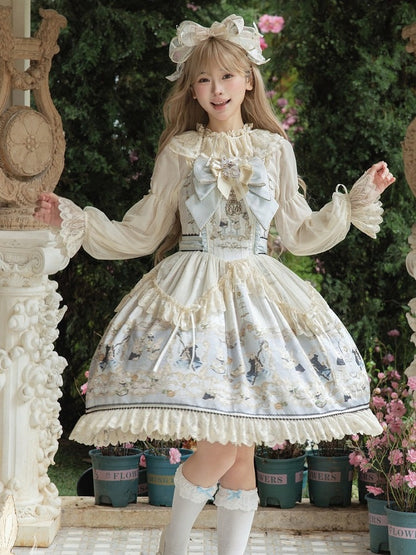 Azure Rabbit-Print Bow JSK with Lace Blouse - Stars Fall on the Foggy Island