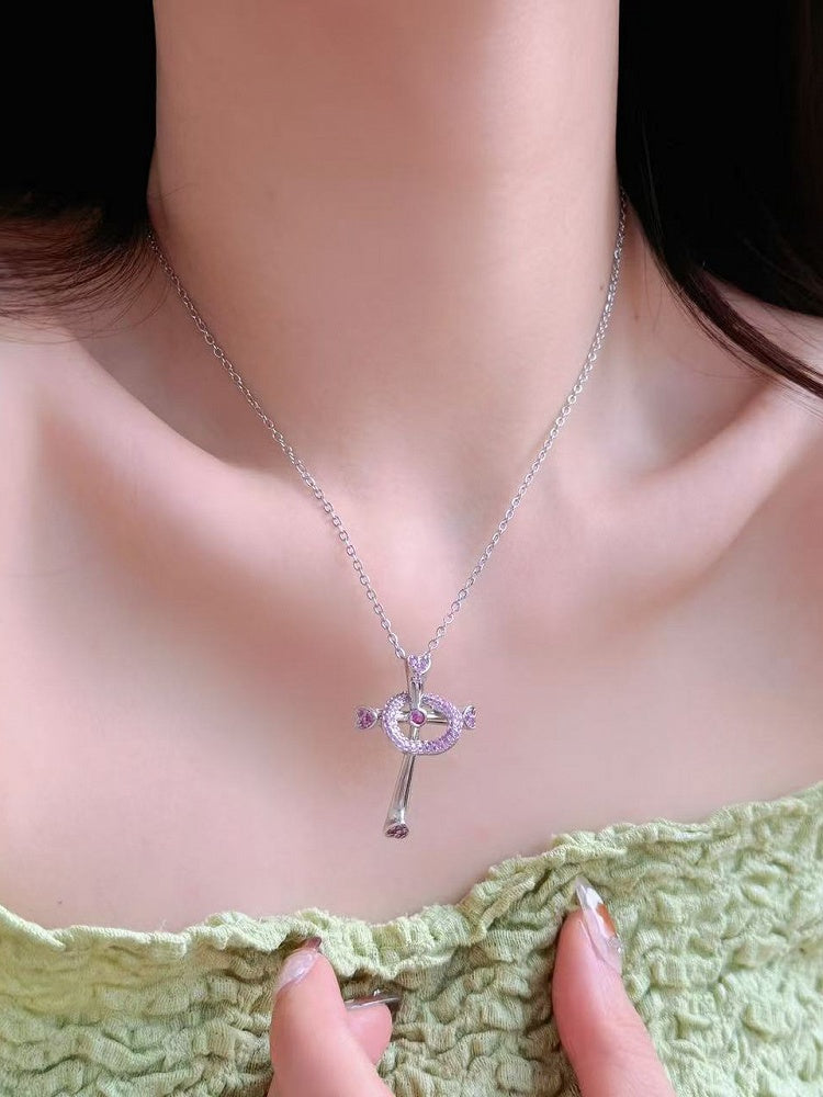 And Necklace Bittersweet Y2K Heart Cross Pendant Pink/Blue/Green Rhinestone