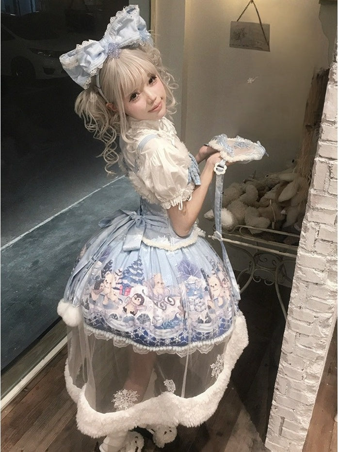 Penguin & Snow Print Lolita Jumper Skirt, Asymmetrical Overlay & Fluffy Detail - Lineall Cat