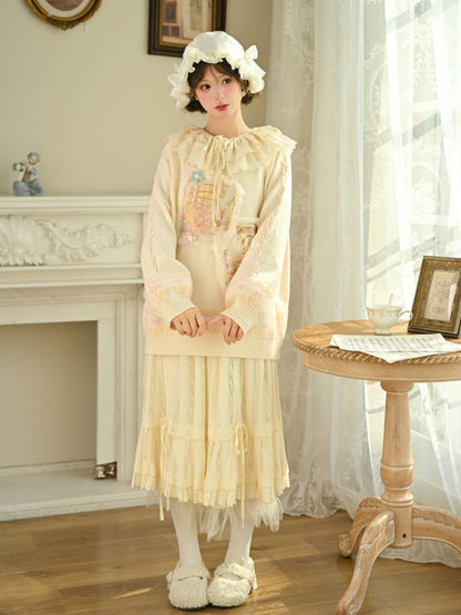 Yellow Oil Painting Teddy Bear Applique  Sweater