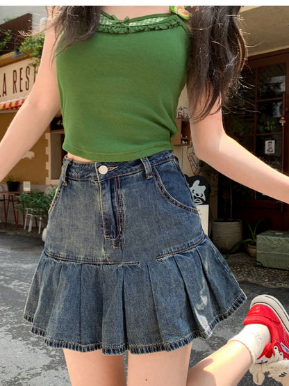 ウエストプリーツデニムスカート ブルーハイ