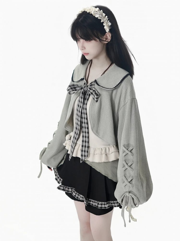 Lace-Up Dusty Set Pan Knit Gray Collar Kei and Cami with Sleeves Beige Peter Cropped Top Mori