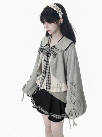 Lace-Up Dusty Set Pan Knit Gray Collar Kei and Cami with Sleeves Beige Peter Cropped Top Mori