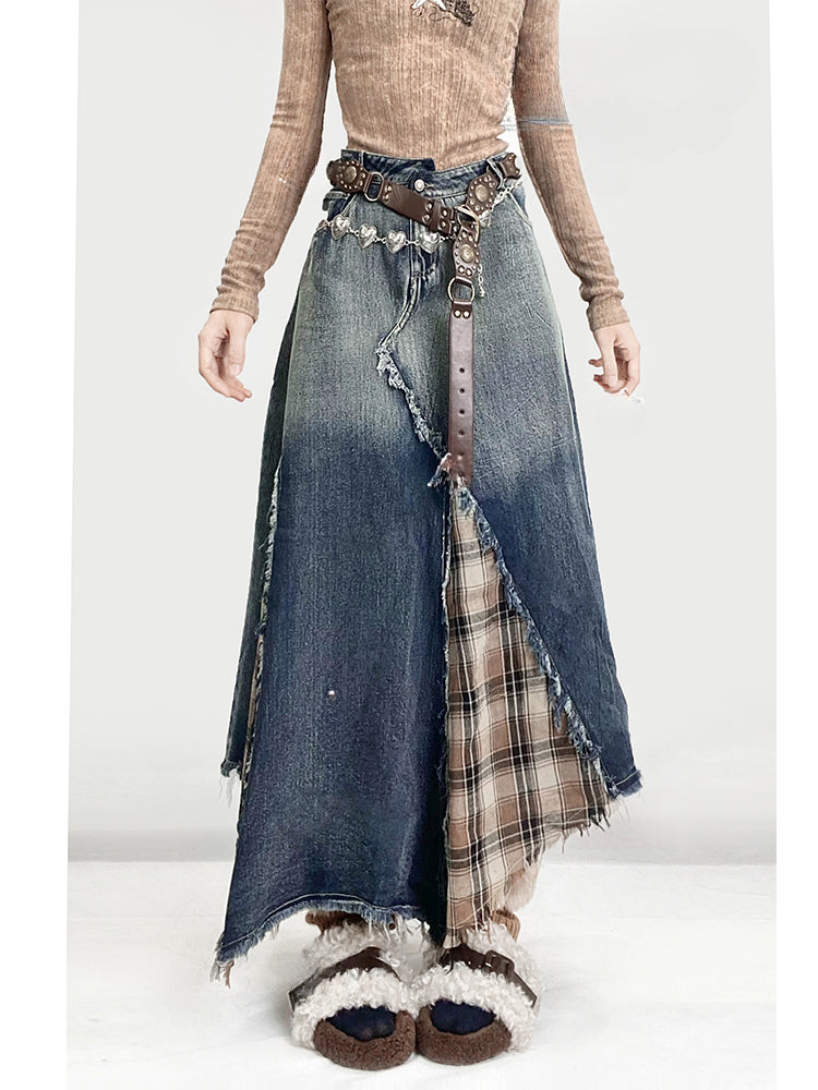 Denim&Plaid Patchwork Asymmetrical Hem Skirt