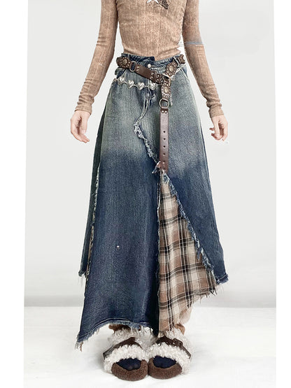 Denim&Plaid Patchwork Asymmetrical Hem Skirt