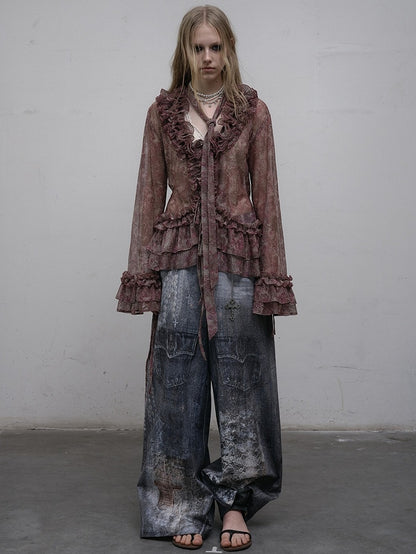 Pattern Ruffles Leopard Trim Sleeves Bell Shirt Purple