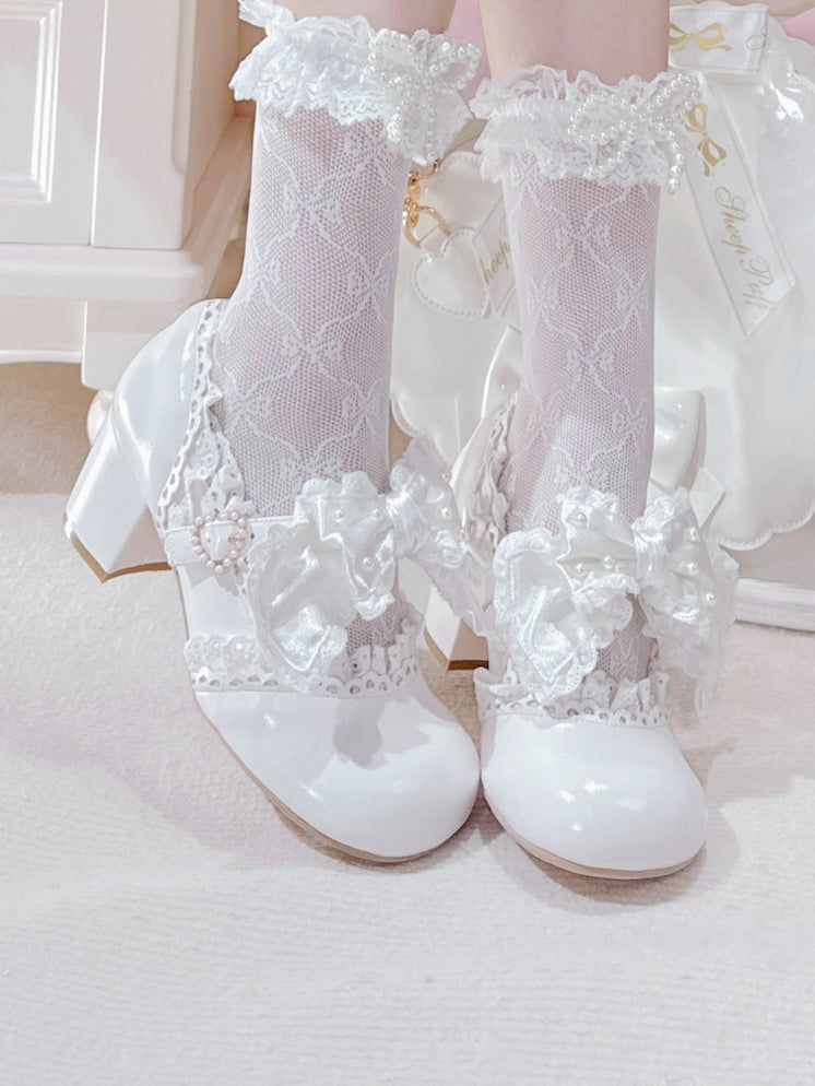in Bow Sweet with Lace-Trimmed Mid Strap White Beaded Clasp Lolita Heart Heels