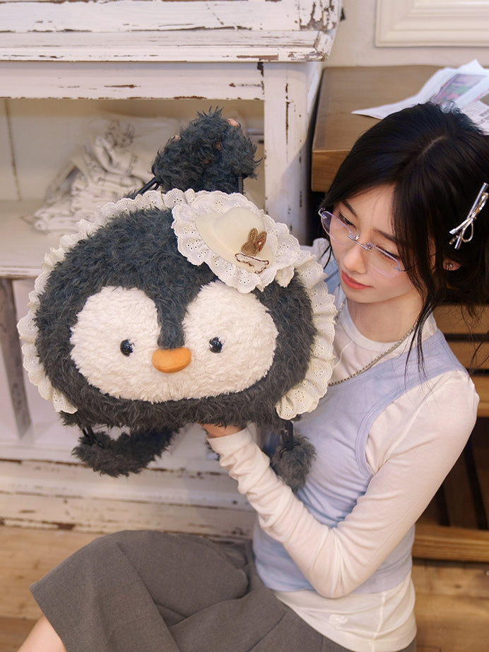 Backpack Gray Plush Penguin-shaped Trim Lace