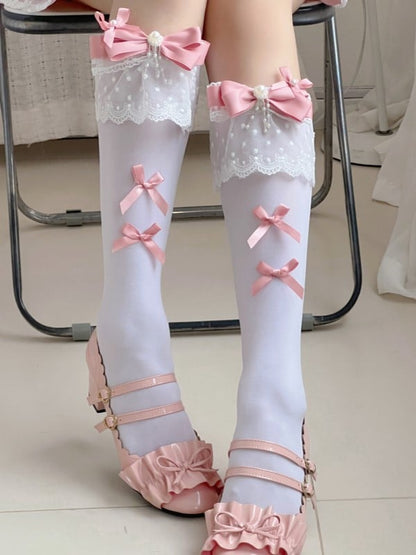 And White Black/White With Underknee Bowknot Details Lace Pink Stockings Cuff
