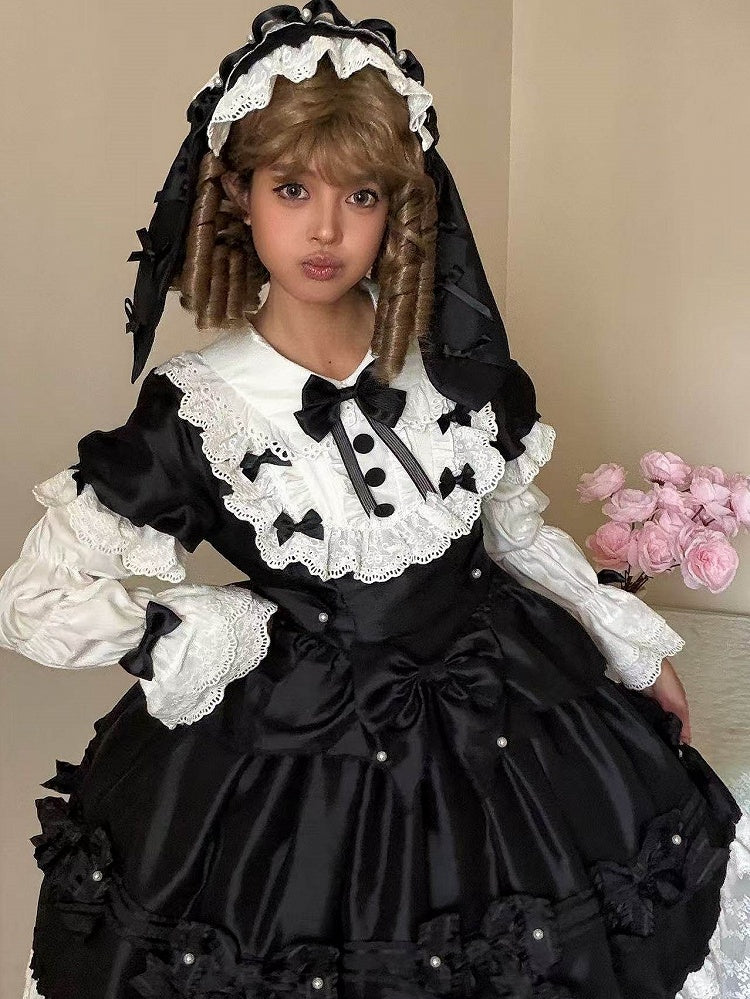 Details Dress with White Sweet Bead Trimmed Black Lolita Lace and Bow