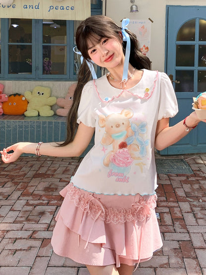 漫画のクマのプリント裾ホワイトピーターパンカラーパフスリーブコントラストレタスTシャツ