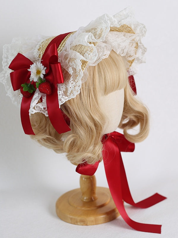 Straw Bowknot Bonnet Lolita Ribbon Colors 7 Lace Country
