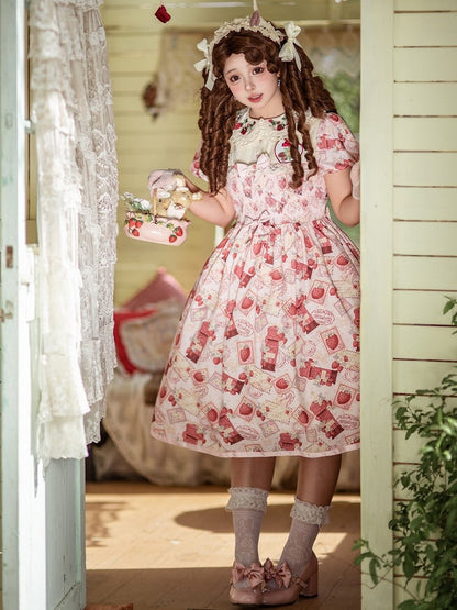 Sleeves Lolita Beige Collar Print Strawberry Pink Embroidered Sweet Dress with Puff