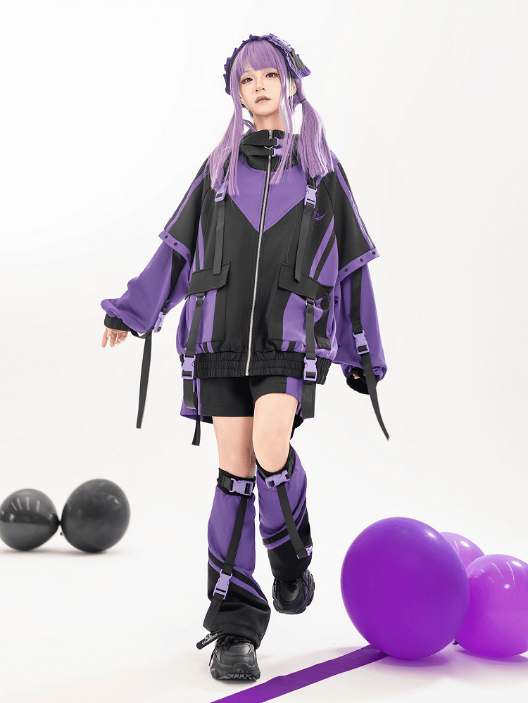 Tech Purple Colorblock Design with Decorative Snaps Landmine Style Baggy Jacket Black and