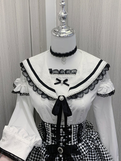 Anhängerbesatz Bluse Spitze mit Jirai Kei Schwarz/Weiß Matrosenkragen Cutout Choker Schulter Herz