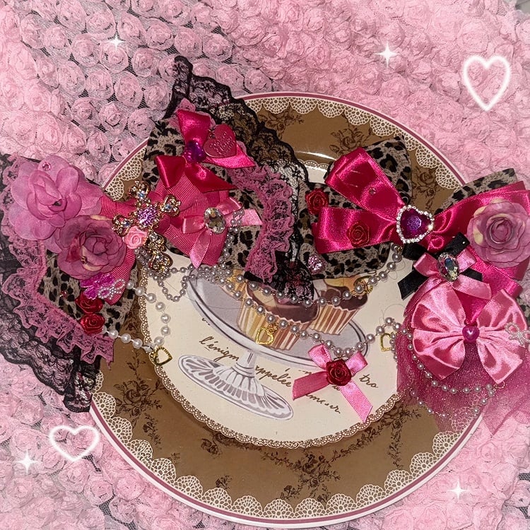 Gyaru Hime Headpiece Rose Leopard Pink with Fashion Print -