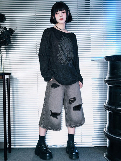 Distressed Denim Cropped Wide-Leg Pants - Quirky Hut