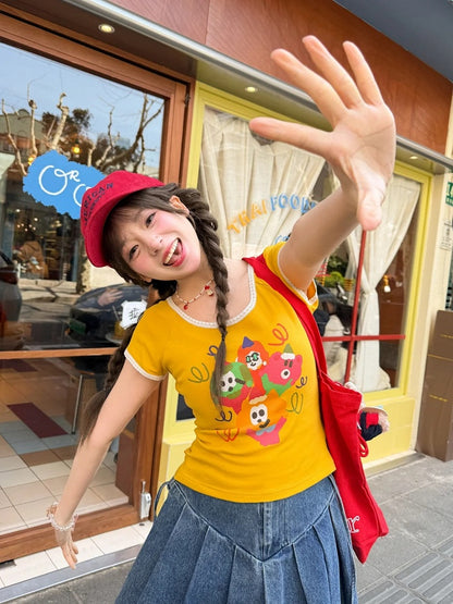 漫画プリントTシャツ ネックジンジャーレーストリムラウンド